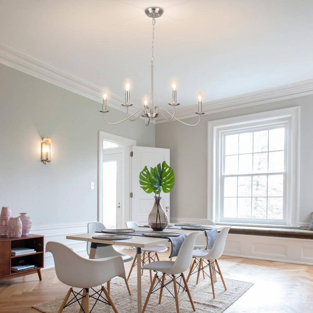 5-Light Nickel Farmhouse Chandeliers for Living Room Foyer Hallway Dining Room
