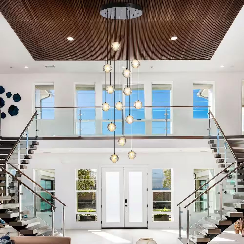 120 In. H 14-Light Black Staircase Chandelier Modern Pendant Light W/Glass Shade for High Ceiling Living Room Entryfoyer