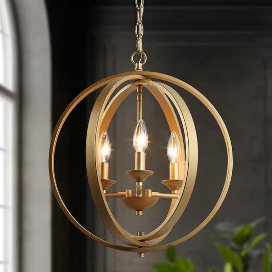 Modern Chandelier Pendant Light 3-Light Gold Globe Cage Dining Room Chandelier