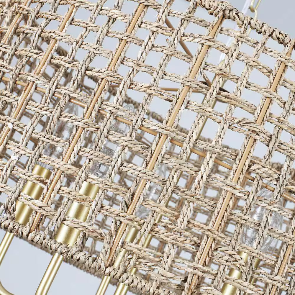 Nevarez 18.9 In. 5-Light Gold Bohemian Pendant Natural Rattan Dimmable Chandelier with Hand Woven Drum Shade