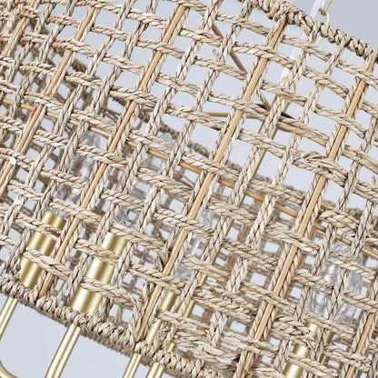 Nevarez 18.9 In. 5-Light Gold Bohemian Pendant Natural Rattan Dimmable Chandelier with Hand Woven Drum Shade