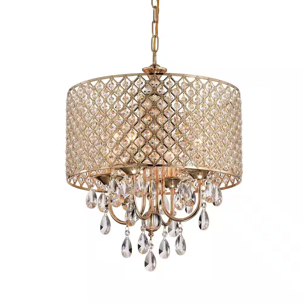 Marya 4-Light Modern Gold round Chandelier with Beaded Drum Shade /Hanging Clear Glass Crystals