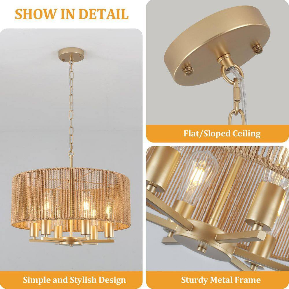 6-Light Natural and Gold Rattan Bohemian Drum Chandelier for Living Room Kitchen