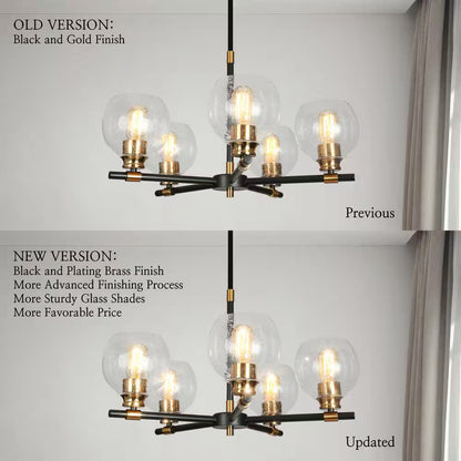 Transitional Sputnik Dining Room Chandelier 5-Light Modern Black and Gold Candle Chandelier with Seeded Glass Shades