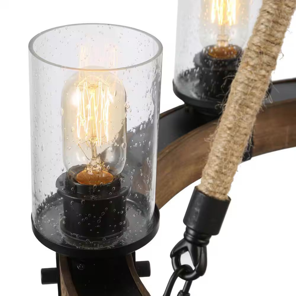 Farmhouse Chandelier 6-Light Black Wagon Wheel Wood Island Chandelier with Clear Seeded Glass Shade and Rope Accents