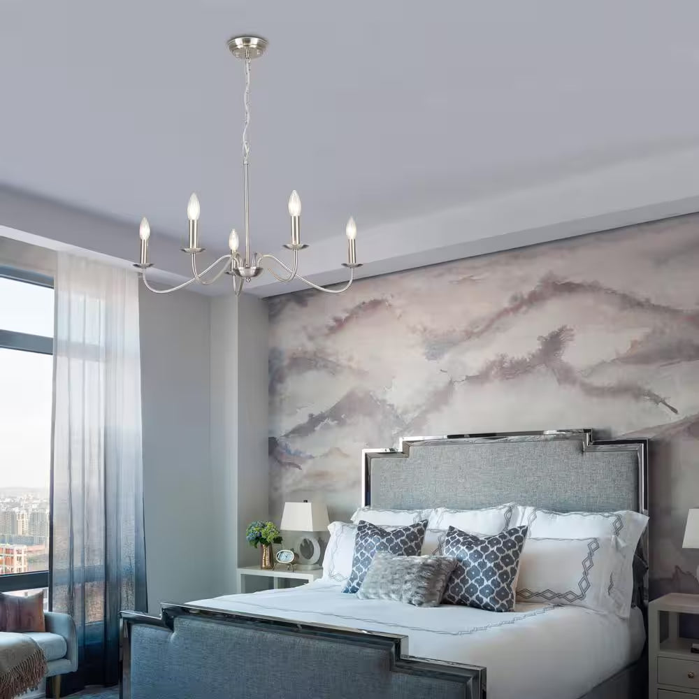 5-Light Nickel Farmhouse Chandeliers for Living Room Foyer Hallway Dining Room