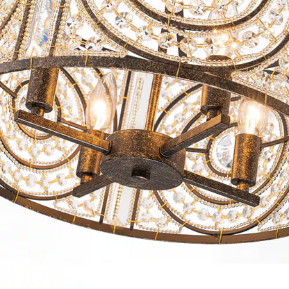 Iridescent 4-Light Vintage Crystal Drum Antique Bronze Chandelier Retro Classic Medium Lighting Fixture for Dining Room