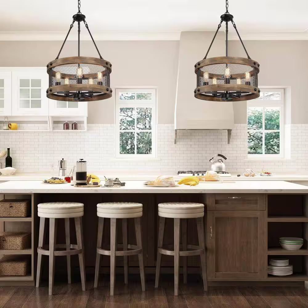 Wood Drum Chandelier 5-Light Brown Candle Black Rustic Farmhouse Chandelier Pendant Dining Room Industrial Chandelier