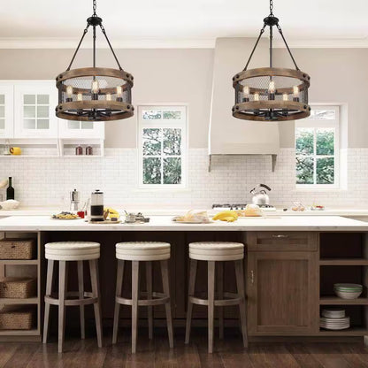 Wood Drum Chandelier 5-Light Brown Candle Black Rustic Farmhouse Chandelier Pendant Dining Room Industrial Chandelier