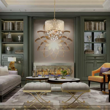 Marya 4-Light Modern Gold round Chandelier with Beaded Drum Shade /Hanging Clear Glass Crystals