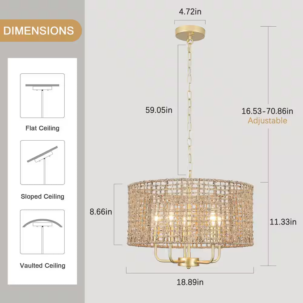 18.89 In. 5-Light Golden Bohemian Pendant Design Drum Chandelier with Natural Rattan Shade and No Bulbs Included