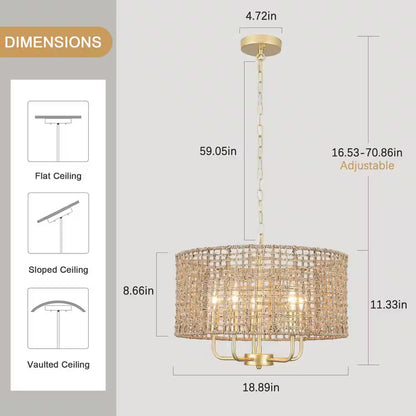 18.89 In. 5-Light Golden Bohemian Pendant Design Drum Chandelier with Natural Rattan Shade and No Bulbs Included