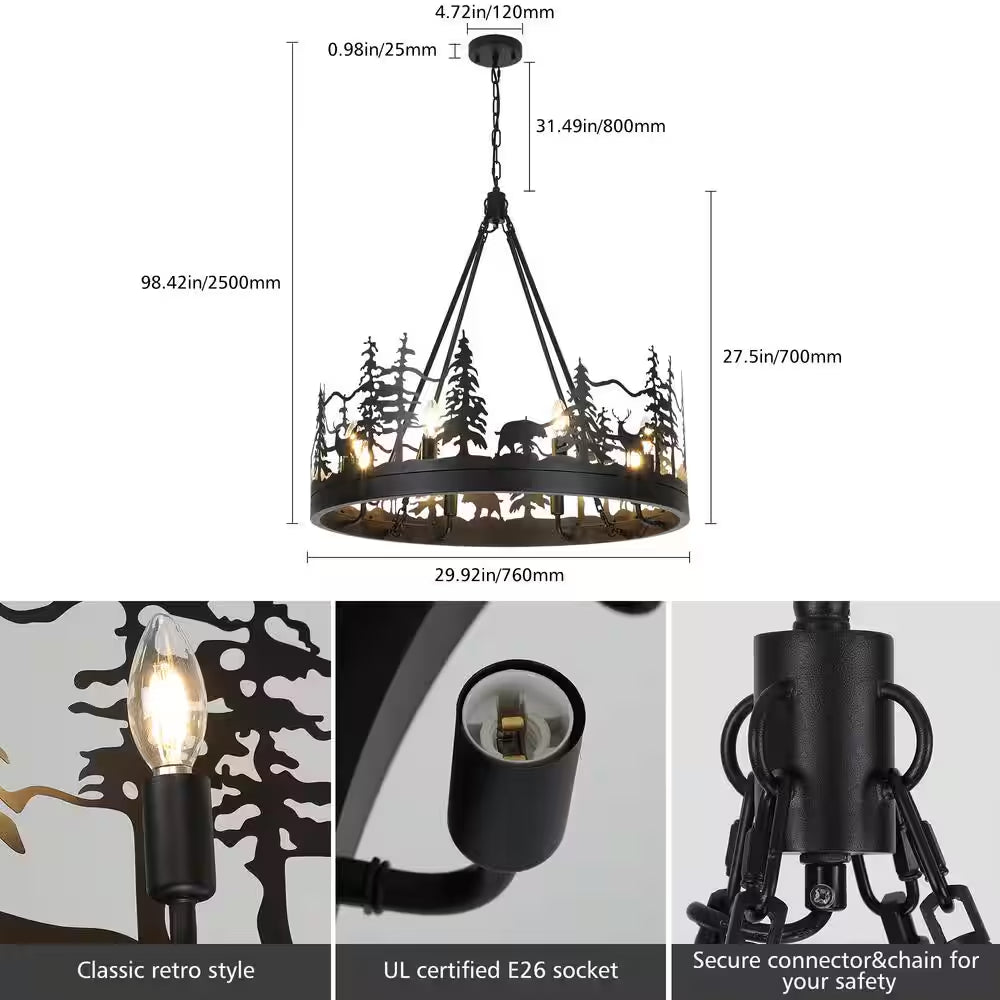 8-Light Black Ambient Rustic Chandelier Wagon Wheel Farmhouse Chandelier for Dining Living Room Foyer