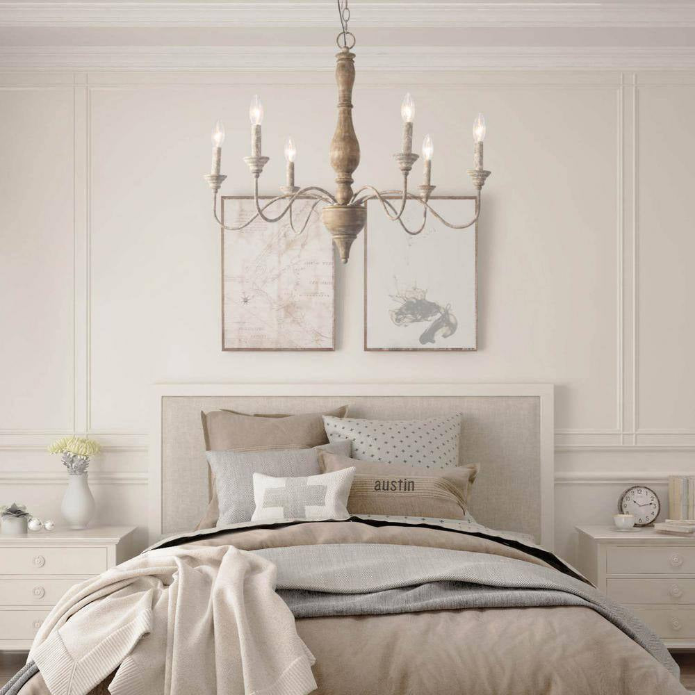 Wood Candlestick Chandelier 6-Light Distressed White Island Farmhouse Chandelier Rustic Pendant for Foyer with Open Arms