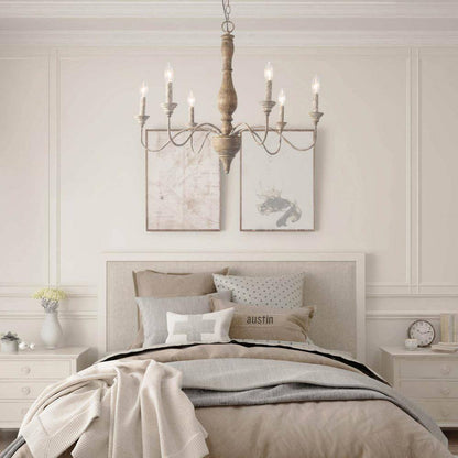 Wood Candlestick Chandelier 6-Light Distressed White Island Farmhouse Chandelier Rustic Pendant for Foyer with Open Arms