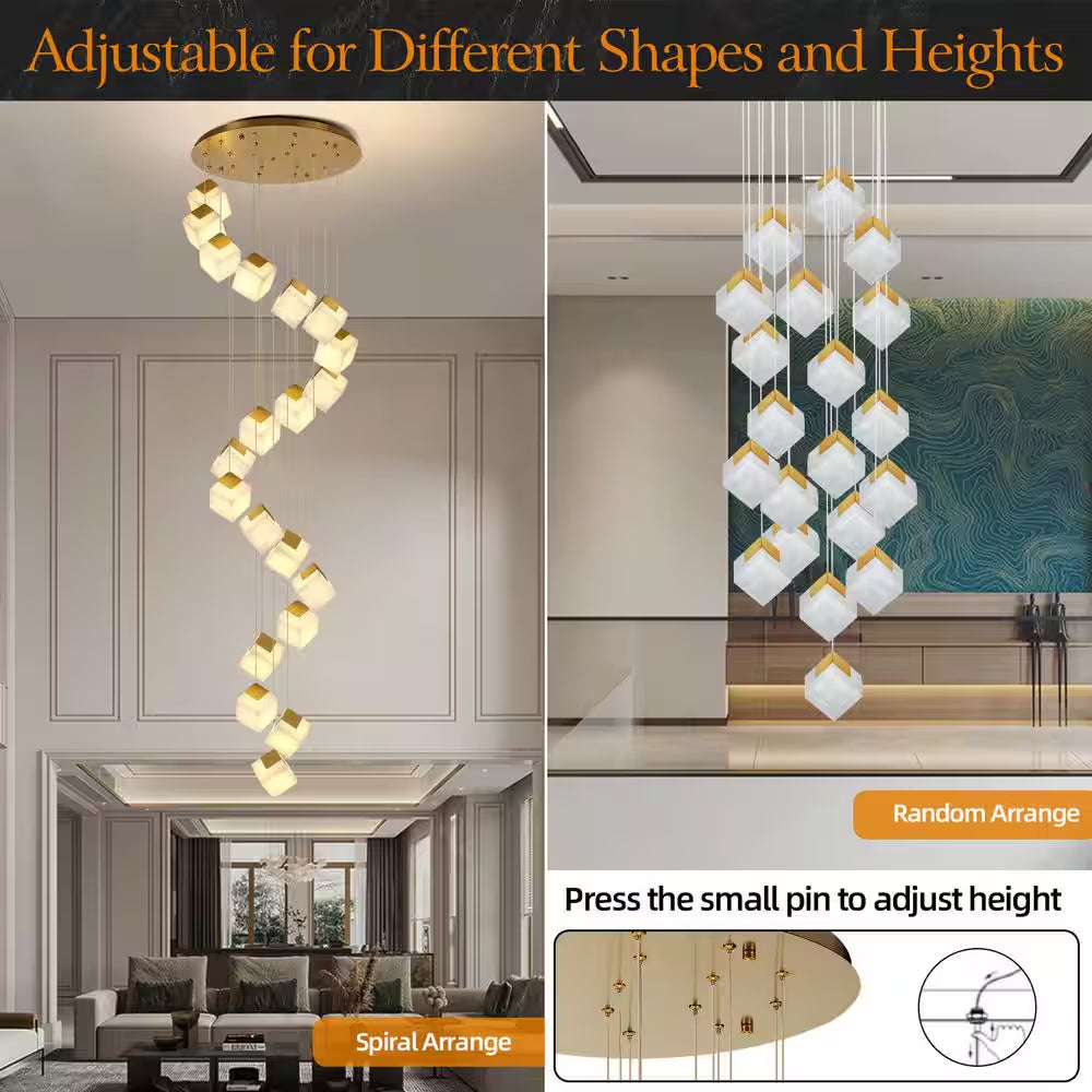 138 In. 20 Light Gold Dimmable Alabaster Cluster Chandelier Haning Pendant for Staircase with Alabaster Shade