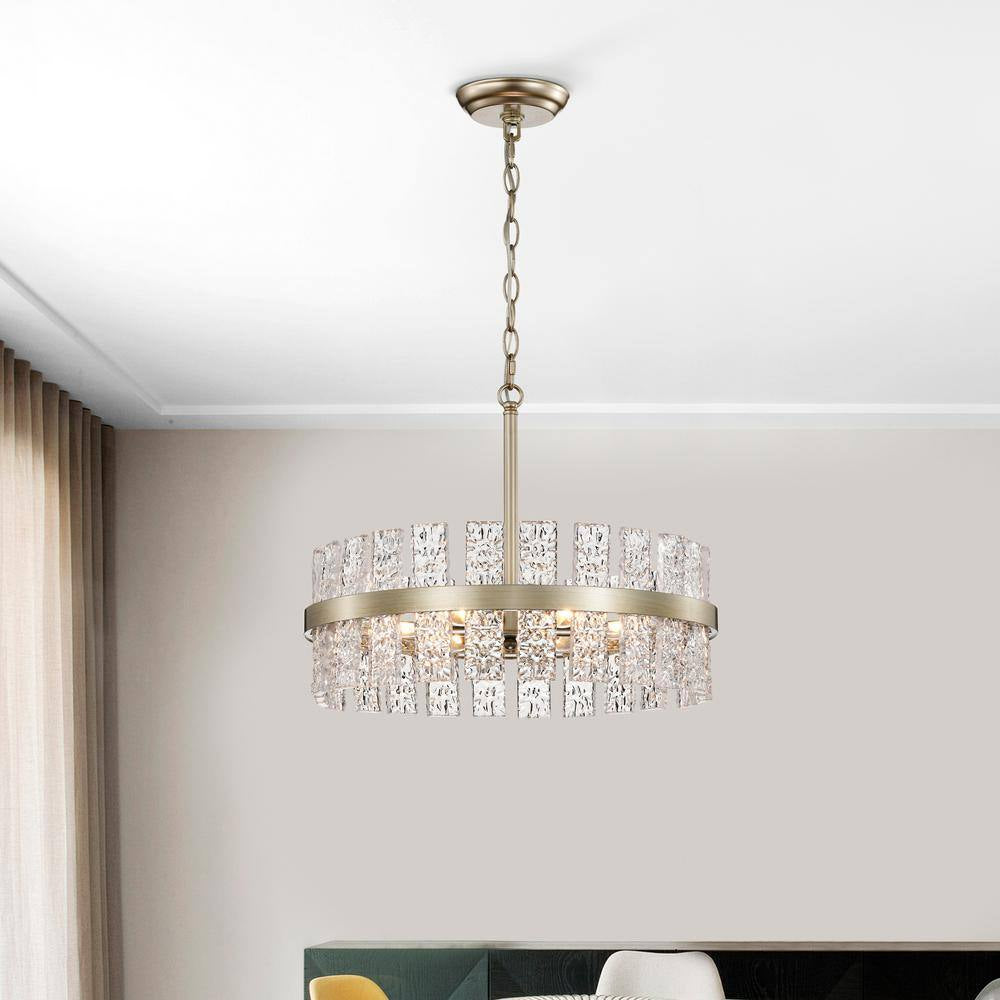 Eva 18.1 In. in Diameter 6-Light Brushed Champagne Silver Drum Glass Strip Chandelier