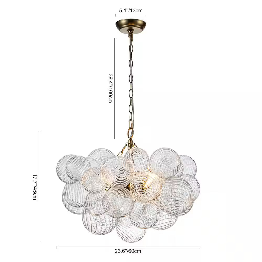 Neuvy 3-Light 23.6 In. W Brass Chandelier with Swirled-Glass Orb Cluster Bubble Ribbed Glass Chandelier for Living Room