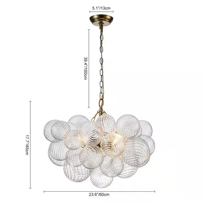 Neuvy 3-Light 23.6 In. W Brass Chandelier with Swirled-Glass Orb Cluster Bubble Ribbed Glass Chandelier for Living Room