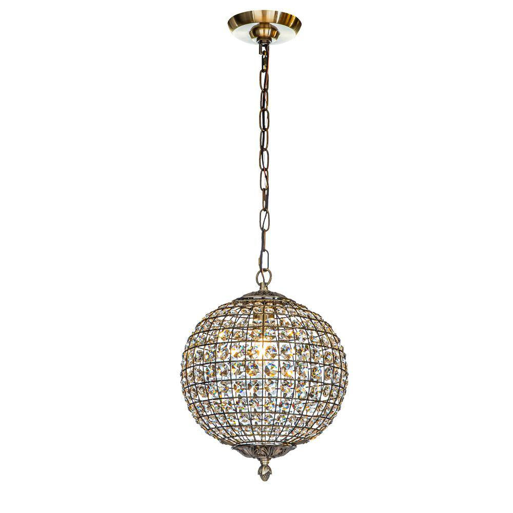 12 In. 1-Light Retro Antique Gold Crystal Globe Chandelier Small Sphere Pendant Light