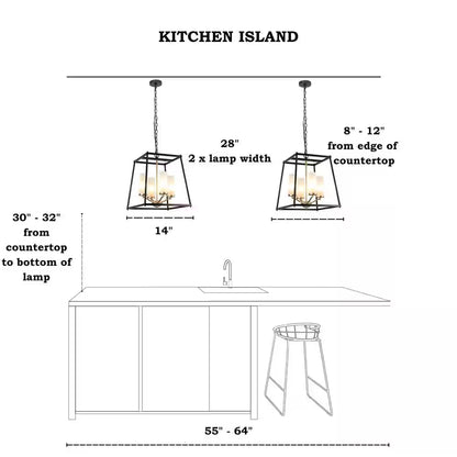 Industrial 4-Light Black Rectangle Chandelier with Frosted Glass Shades, Transitional Gold Pendant Light for Dining Room