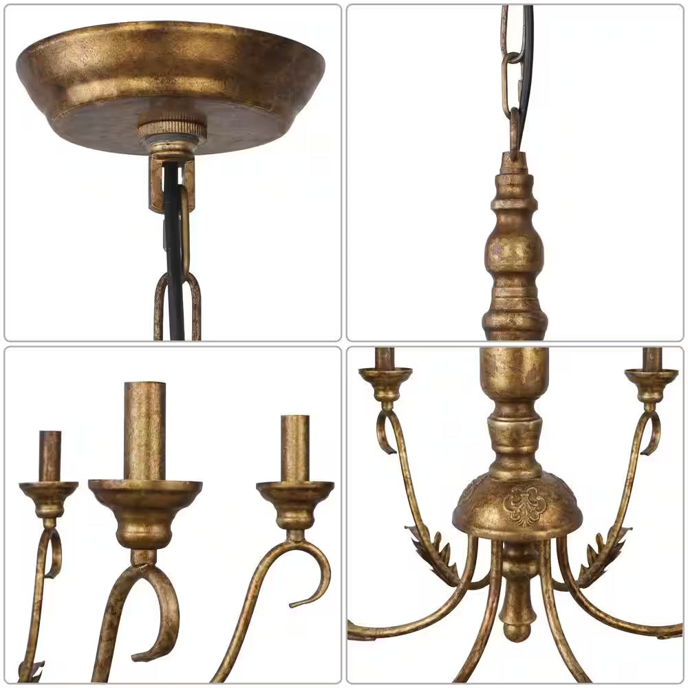 6-Light Distressed Brass Candle Style Farmhouse French Country Chandelier 23.62 In. for Dining Room Bedroom