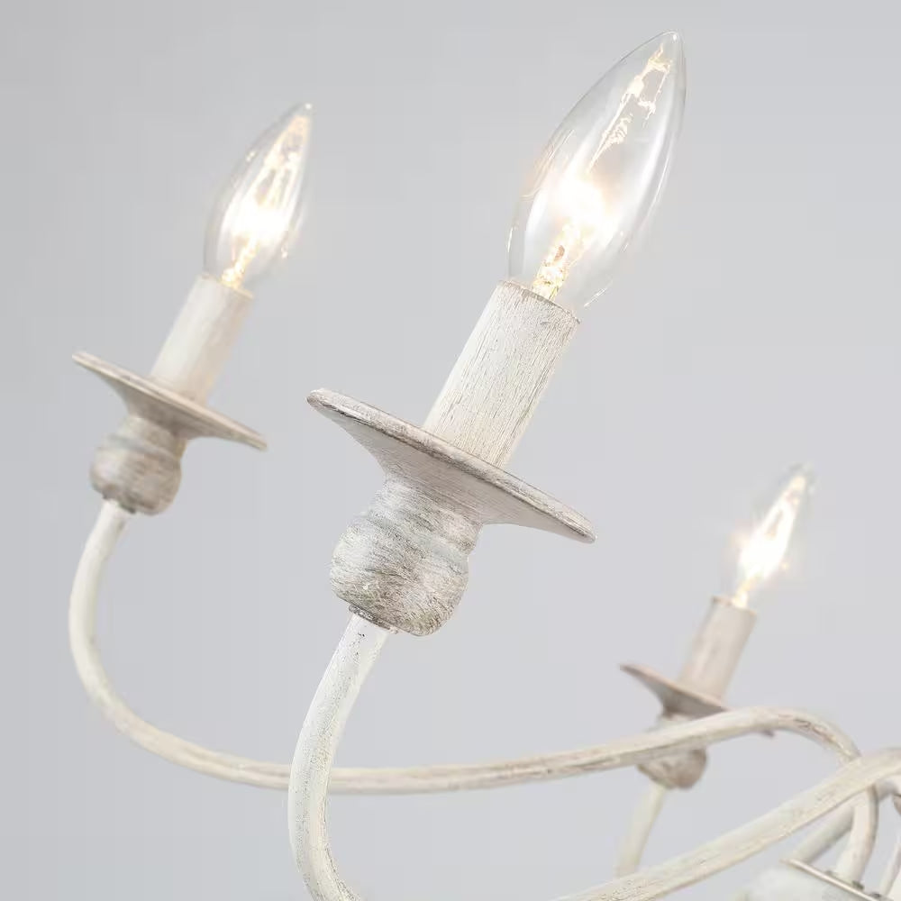 6-Light Vintage Beige Farmhouse Wood Candle Chandelier French Country Style Pendant Light