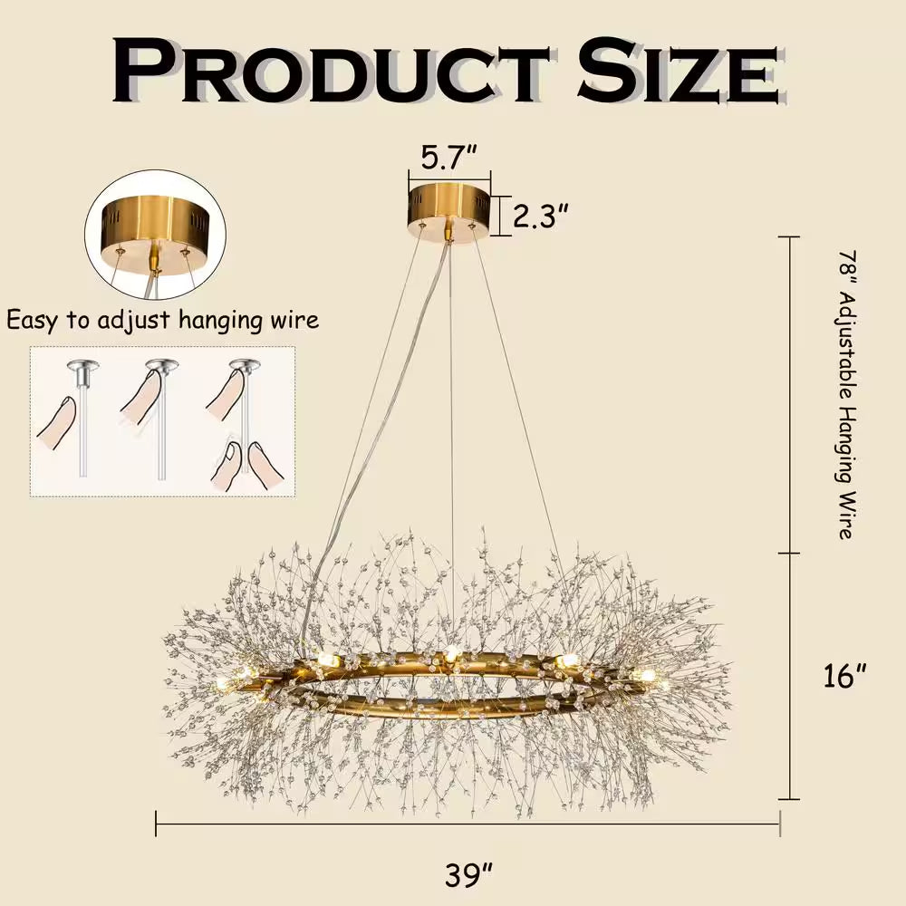 39 In. 12-Light Modern Firework Crystal Chandelier Glam round Pendant Light in Antique Bronze for Dining Room