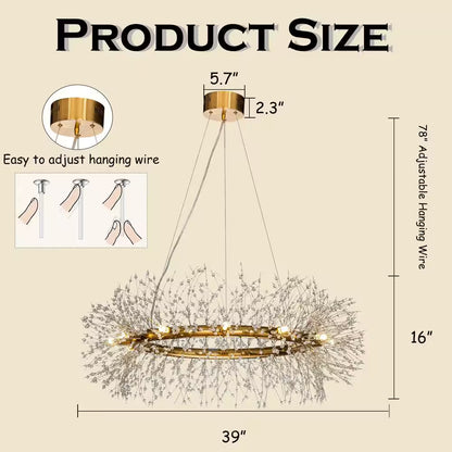 39 In. 12-Light Modern Firework Crystal Chandelier Glam round Pendant Light in Antique Bronze for Dining Room