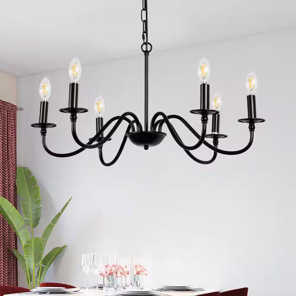 6-Light Black Candle Rustic Industrial Iron Chandeliers for Dining Room Living Room