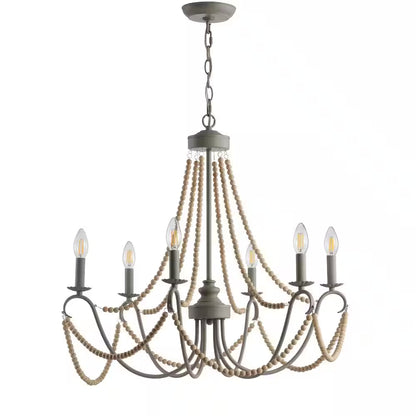 Rustica 6-Light 27 In. Grey/Natural Adjustable Greige Metal/Wood Bead LED Chandelier
