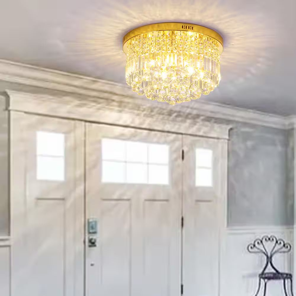 9-Light 20 In. Gold Flush Mount Crystal Chandelier for Bedroom Dining Room with No Bulbs Included