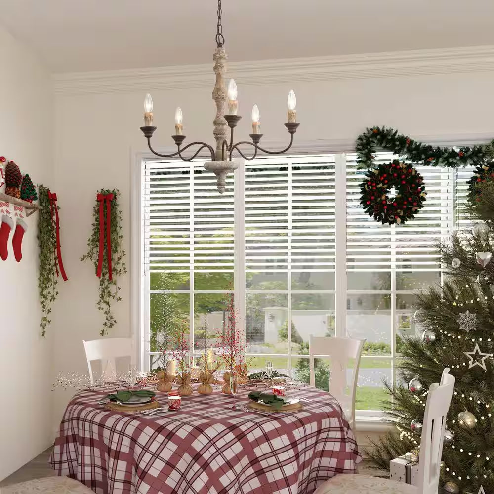 Wood Candle Chandelier 5-Light Weathered White Dining Room Chandelier Bronze Rustic Chandelier with French Country Style
