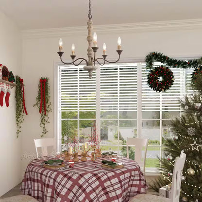 Wood Candle Chandelier 5-Light Weathered White Dining Room Chandelier Bronze Rustic Chandelier with French Country Style