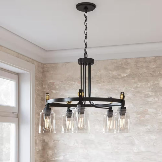 Knollwood 30 In. 5-Light Black Bronze with Brass Accents Industrial round Chandelier for Kitchens