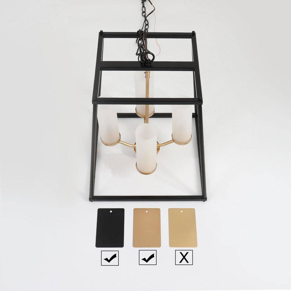 Industrial 4-Light Black Rectangle Chandelier with Frosted Glass Shades, Transitional Gold Pendant Light for Dining Room