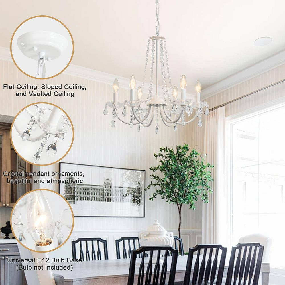 6-Light White Traditional Candle Style Crystal Chandelier for Dining Room Living Room with No Bulbs Included