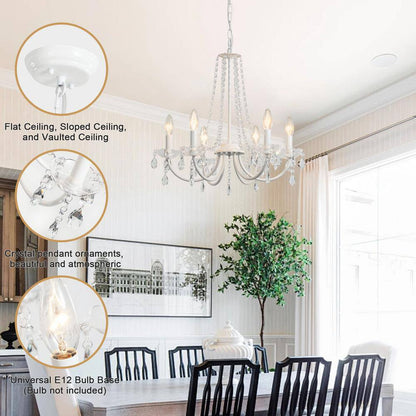 6-Light White Traditional Candle Style Crystal Chandelier for Dining Room Living Room with No Bulbs Included