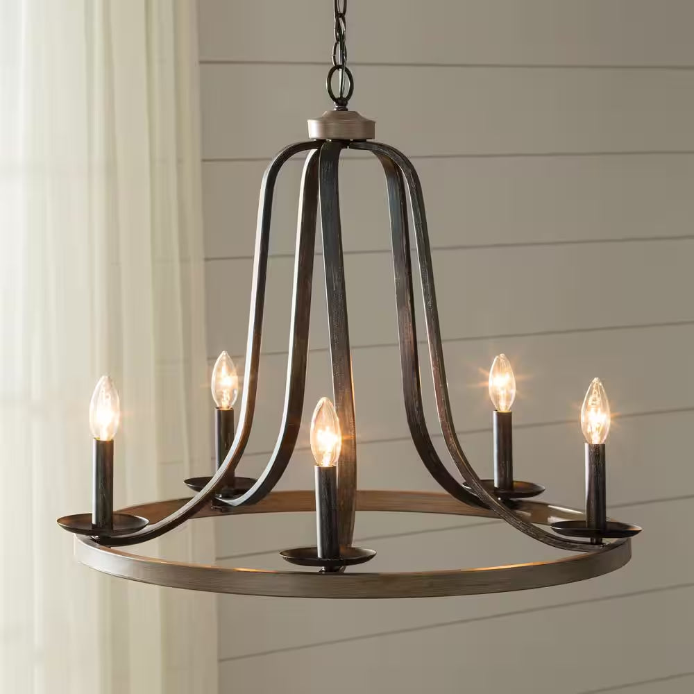 Conal 5-Light Weathered Gray Wagon Wheel Rustic Farmhouse Bell Candlestick Chandelier with Distressed Oak Finish Accents