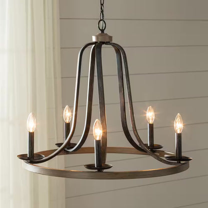 Conal 5-Light Weathered Gray Wagon Wheel Rustic Farmhouse Bell Candlestick Chandelier with Distressed Oak Finish Accents