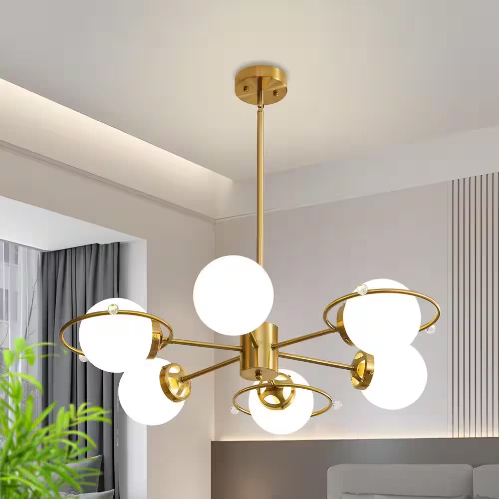 Modern 6-Light Gold Sputnik Chandeliers with Milk White Glass Shade and Height Adjustable, Bulbs Not Included