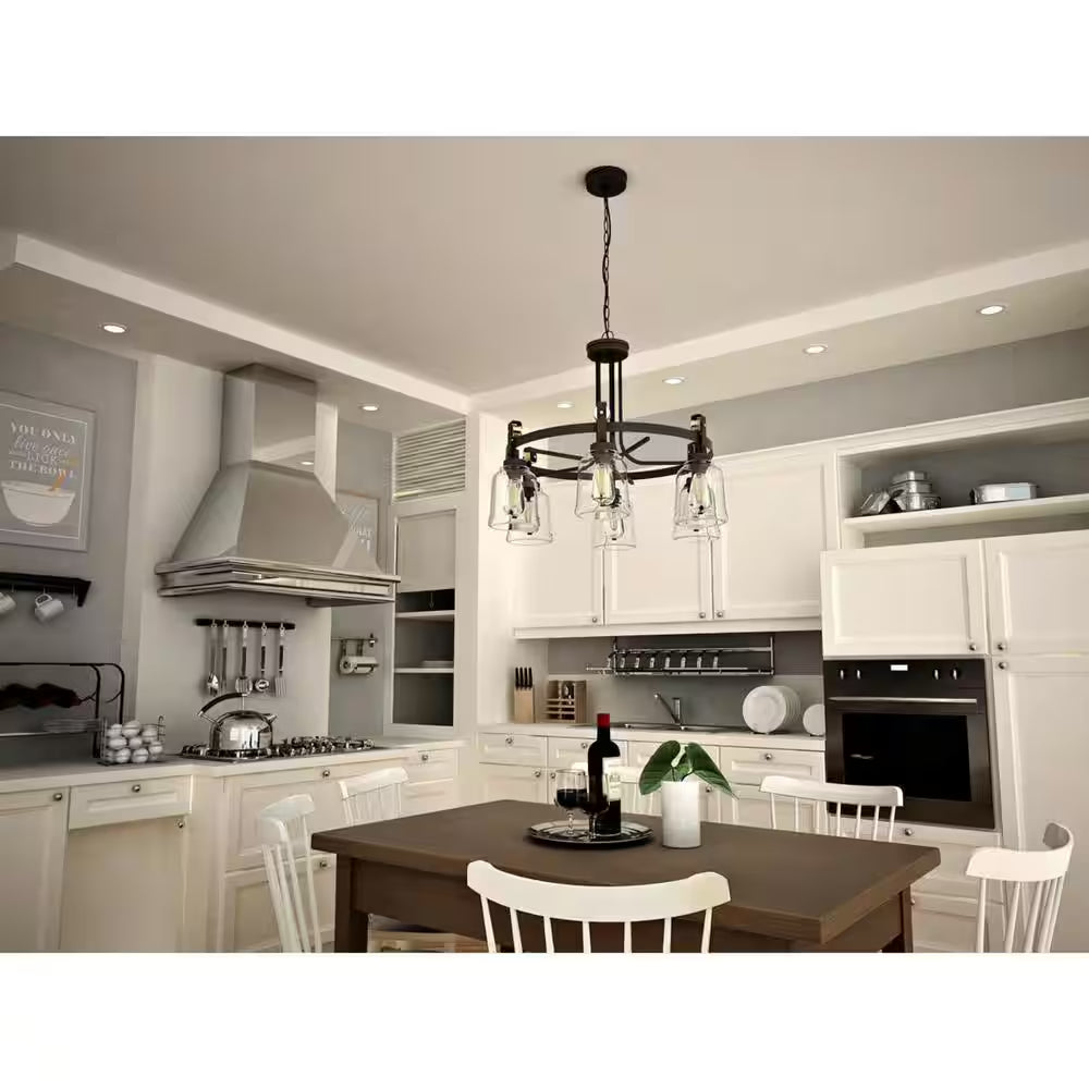Knollwood 30 In. 5-Light Black Bronze with Brass Accents Industrial round Chandelier for Kitchens