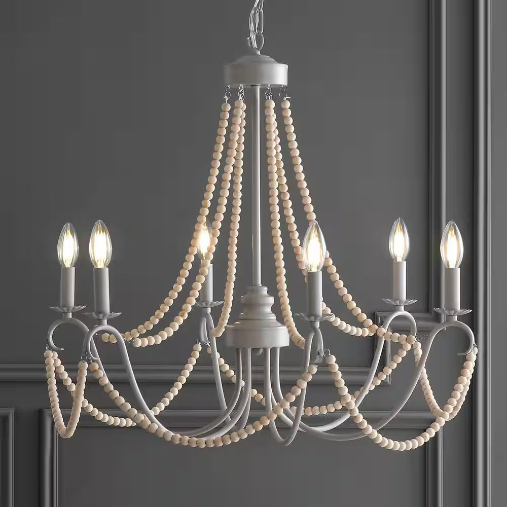 Rustica 6-Light 27 In. Grey/Natural Adjustable Greige Metal/Wood Bead LED Chandelier