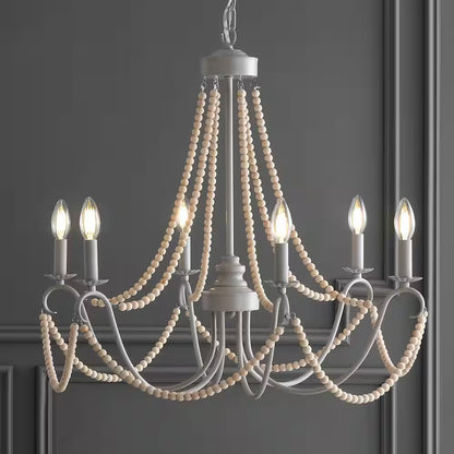 Rustica 6-Light 27 In. Grey/Natural Adjustable Greige Metal/Wood Bead LED Chandelier
