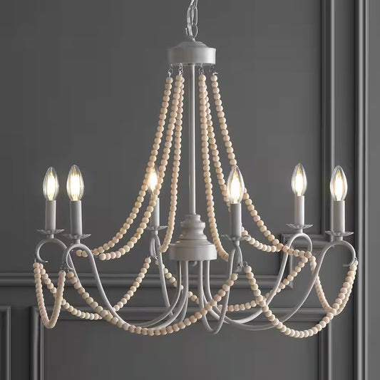 Rustica 6-Light 27 In. Grey/Natural Adjustable Greige Metal/Wood Bead LED Chandelier