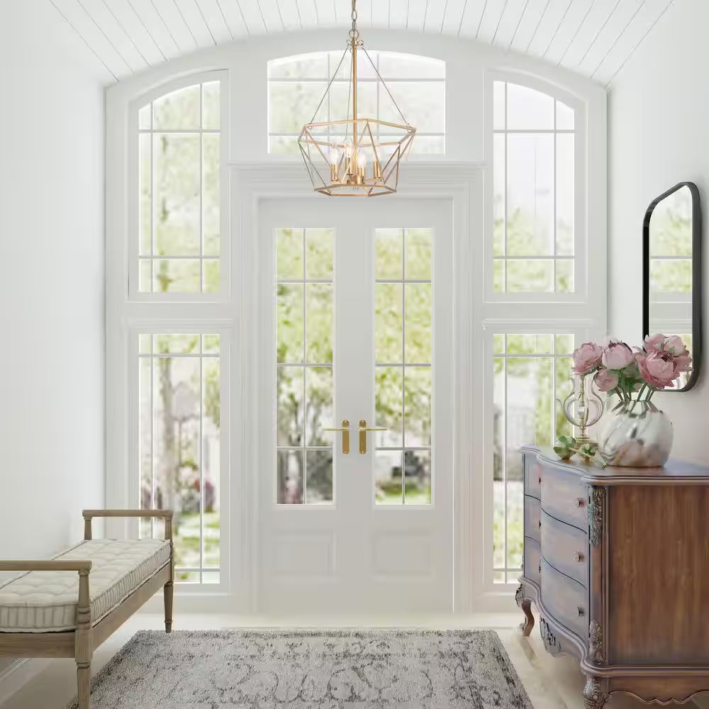 Modern Gold Dining Room Chandelier, 15.7 In. 4-Light Farmhouse Cage Bedroom Chandelier Pendant Light for Kitchen Island
