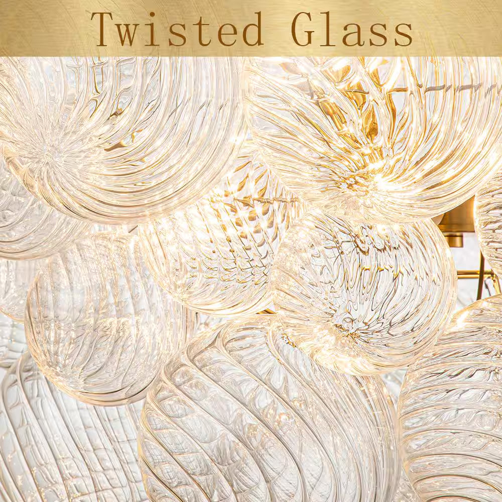 Neuvy 3-Light 23.6 In. W Brass Chandelier with Swirled-Glass Orb Cluster Bubble Ribbed Glass Chandelier for Living Room