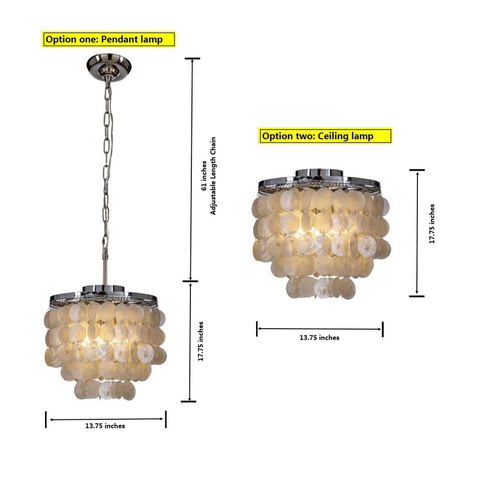 3-Light 13 In. Small Coastal Seashell Chandelier in Paintd Brass Farmhouse Pendant Light for Dining Room