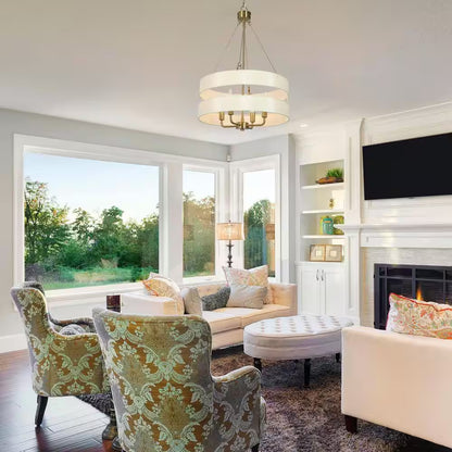 Transitional Brass Dining Room Drum Chandelier with Fabric Shade, 4-Light Craftsman Kitchen Island Bedroom Chandelier