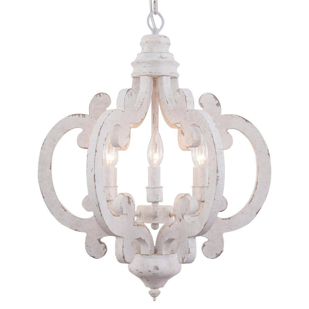 6-Light Distressed White Cottage Chic Crown Chandelier with Farmhouse Wooden Pendant